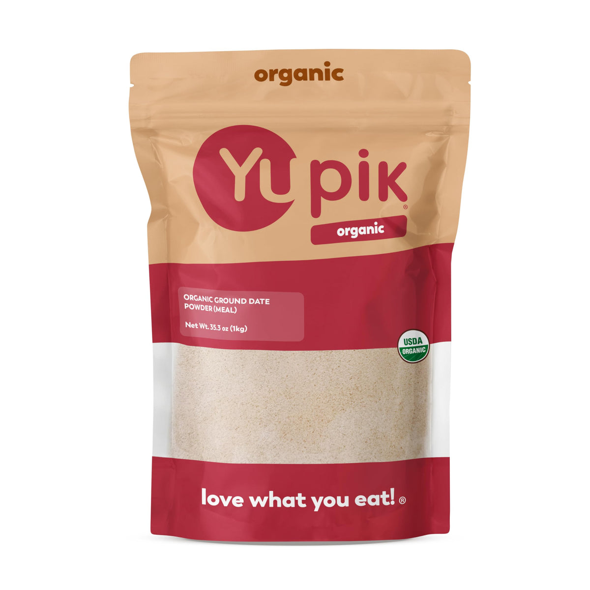 Yupik Organic Ground Date Powder bottle pouring, highlighting versatile baking ingredient and natural sweetness.