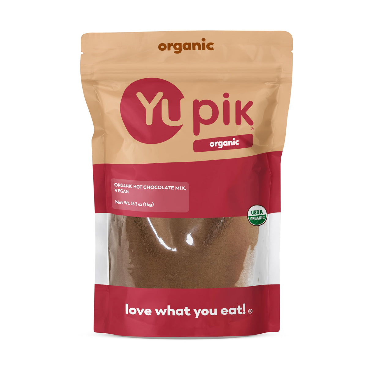 Yupik hot chocolate mix bag ready for a quick, plant-based beverage.