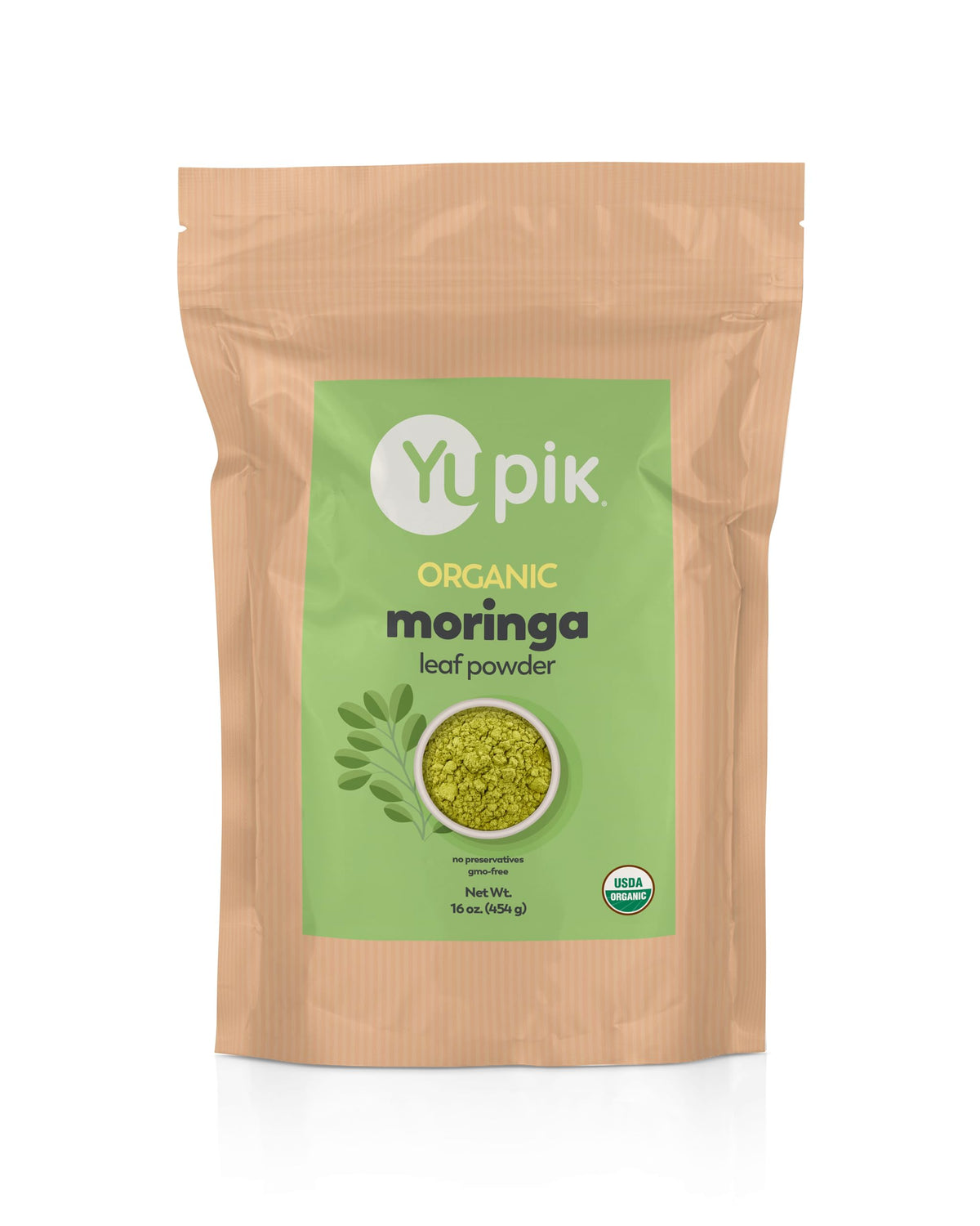 Yupik Organic Moringa powder in a jar closeup for pantry storage and quality