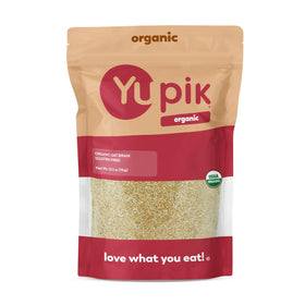 Yupik Organic Oat Bran packaging on shelf, gluten-free and kosher certified.