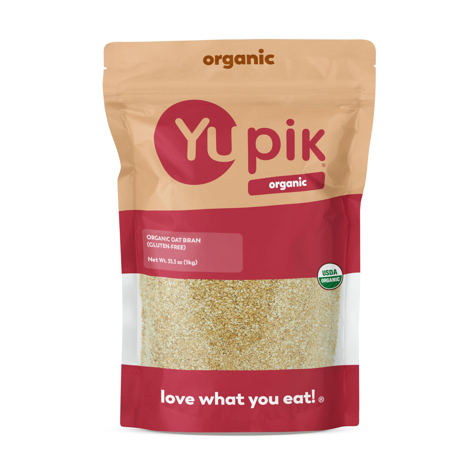 Yupik Organic Oat Bran packaging on shelf, gluten-free and kosher certified.