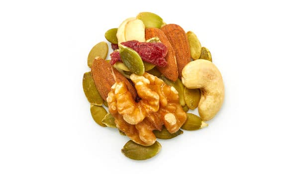 Yupik Protein Boost Trail Mix closeup ingredients showing cashews, almonds, seeds, and cranberries.