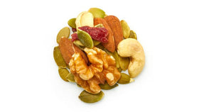 Yupik Protein Boost Trail Mix closeup ingredients showing cashews, almonds, seeds, and cranberries.