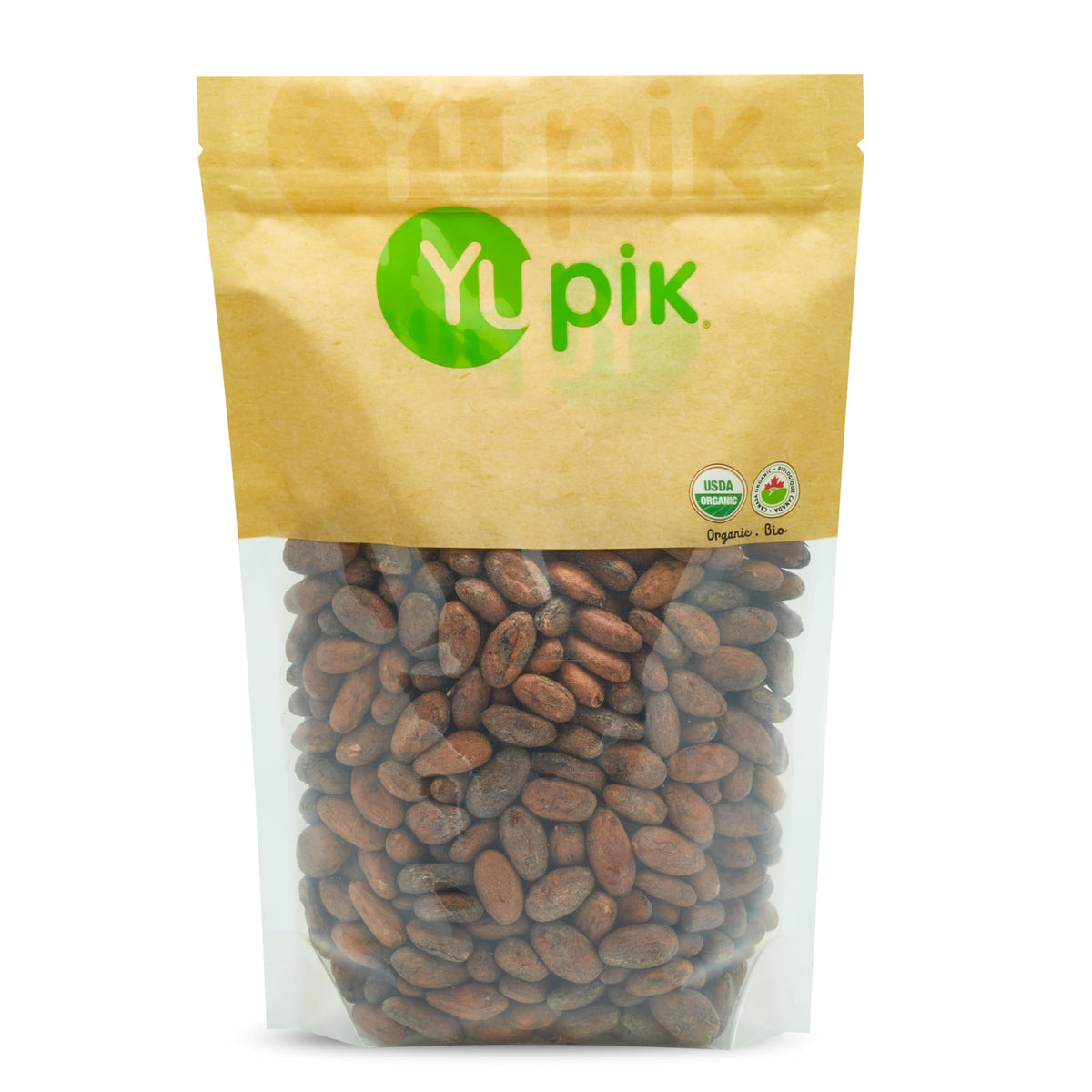 Yupik organic raw cacao beans in bag for baking and chocolate making.
