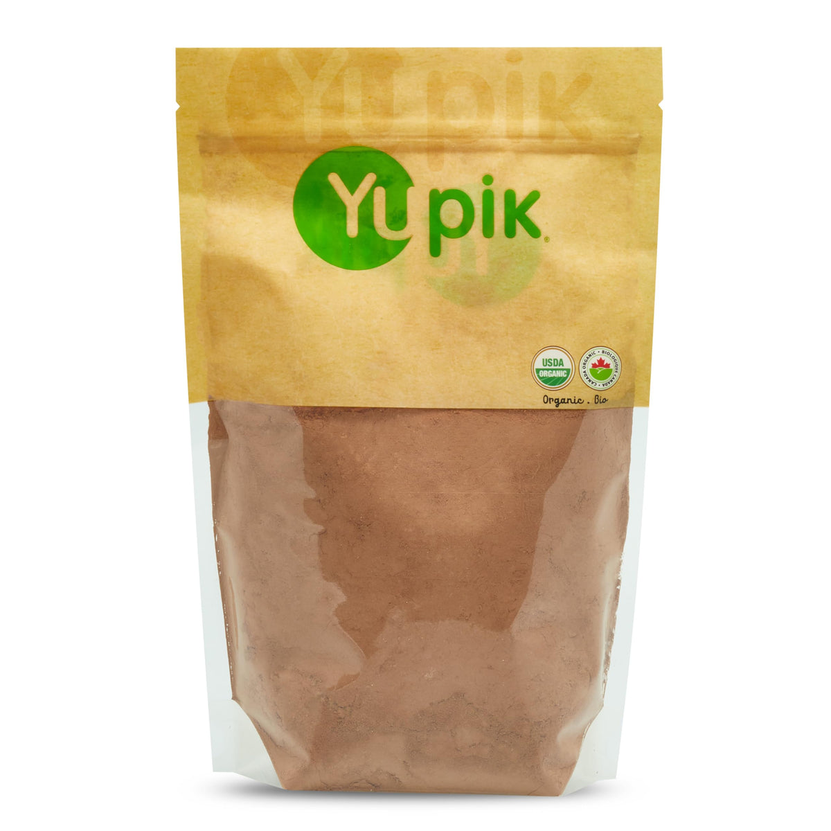 Yupik Organic Raw Cocoa Powder bottle, unsweetened and versatile for baking.