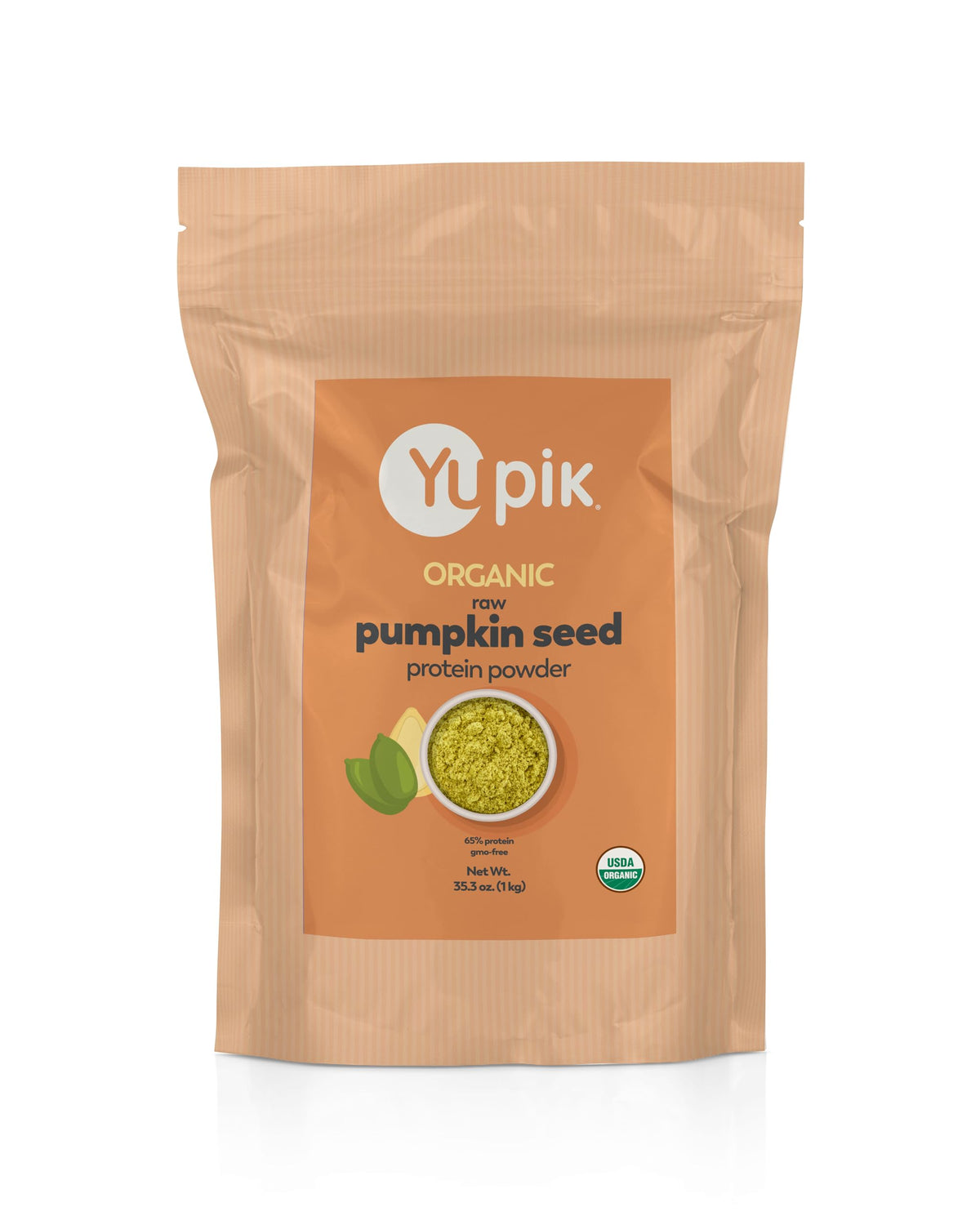 Yupik organic raw pumpkin seed protein powder in a bag, great for vegan shakes.