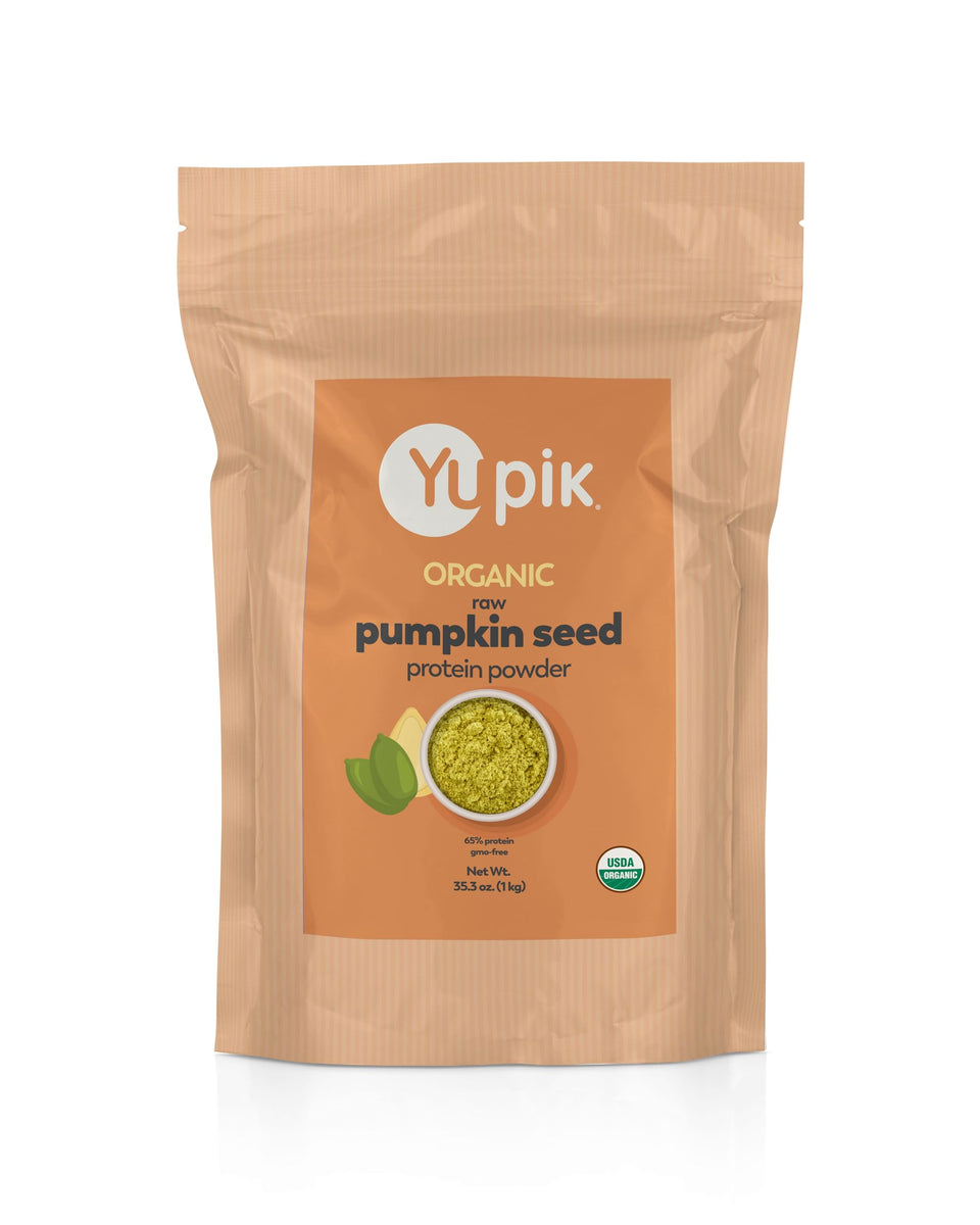 Yupik organic raw pumpkin seed protein powder in a bag, great for vegan shakes.