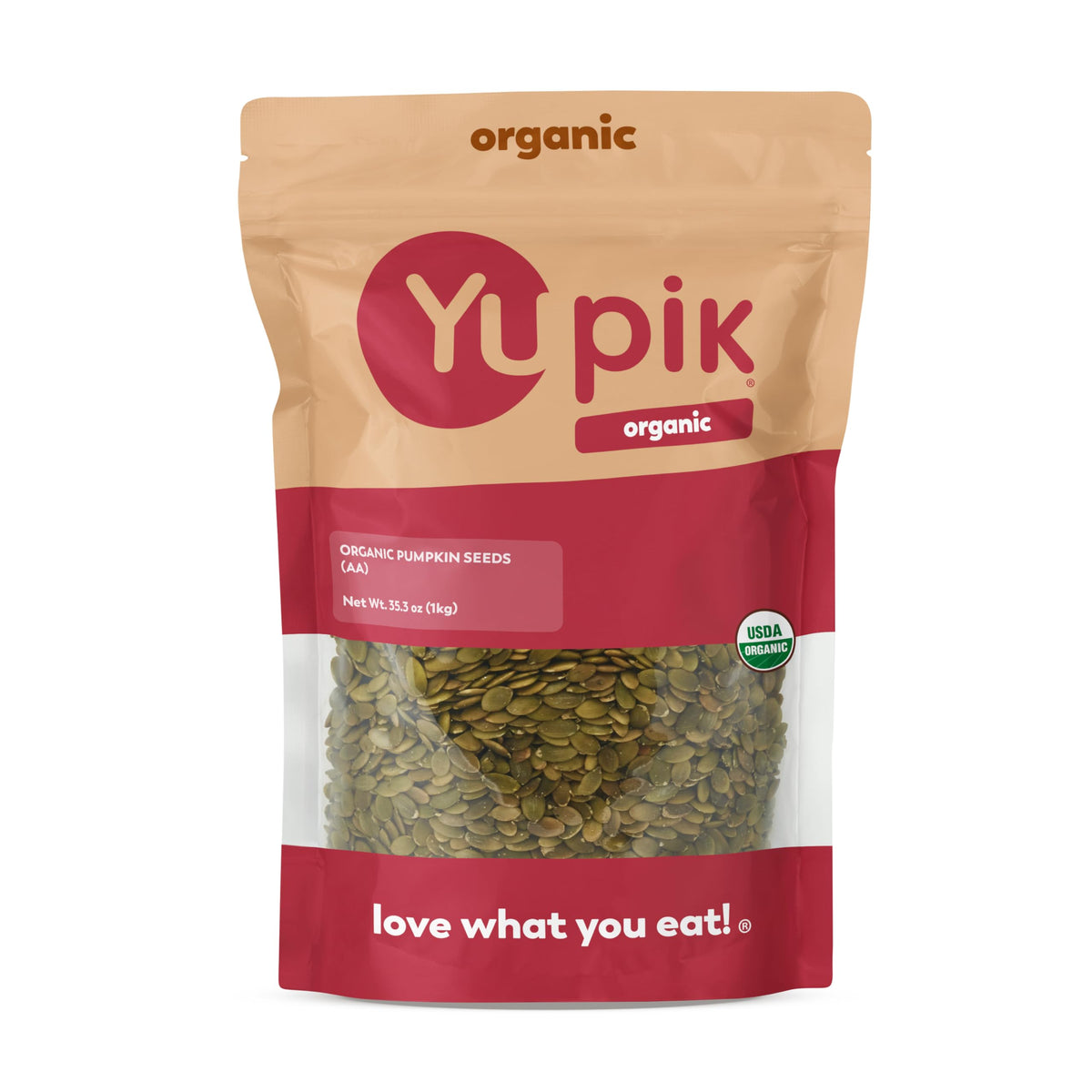 Yupik organic raw shelled pumpkin seeds ready to snack or sprinkle on meals.