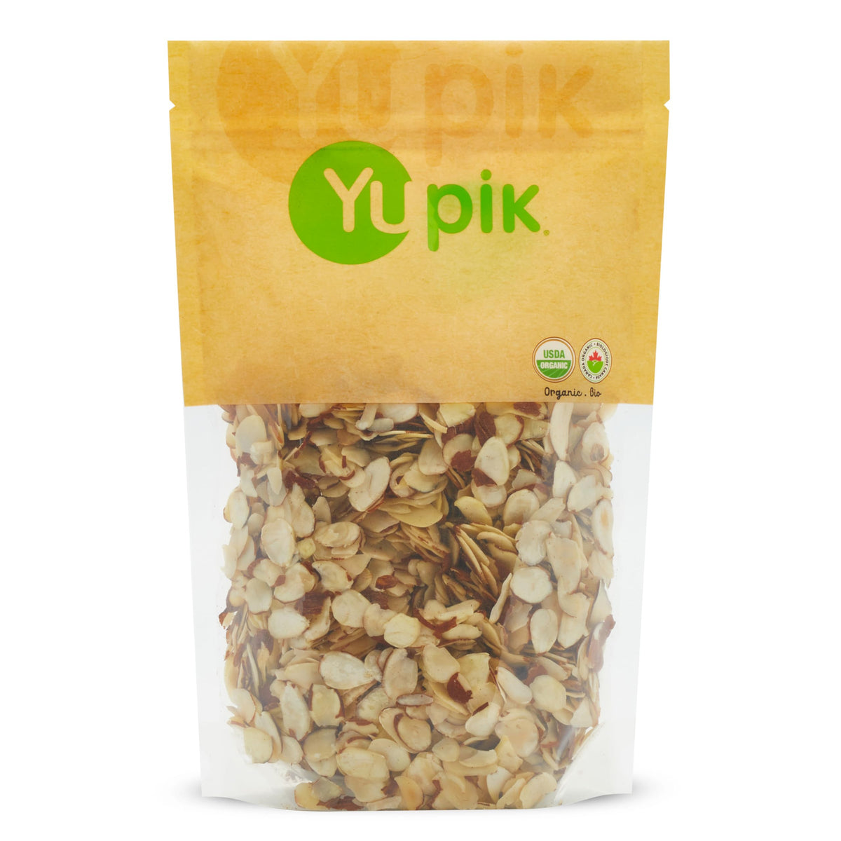 Yupik organic sliced almonds skins packshot showing natural color for snacking