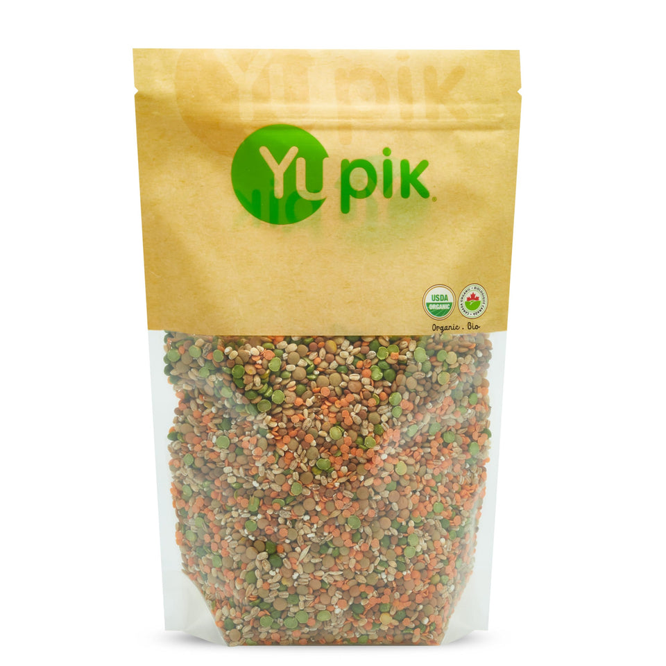 Yupik Organic Sunny Soup Mix ingredients closeup showing lentils and green peas for fiber and protein.