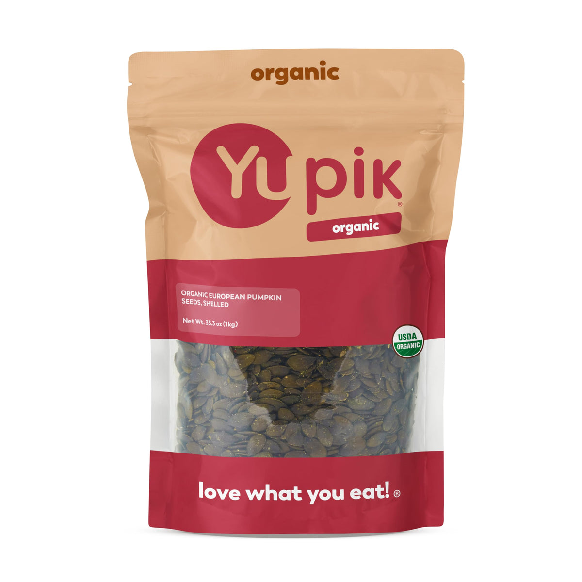 Yupik pumpkin seeds no-shell packaging in a 2.2 lb bag, gluten-free.