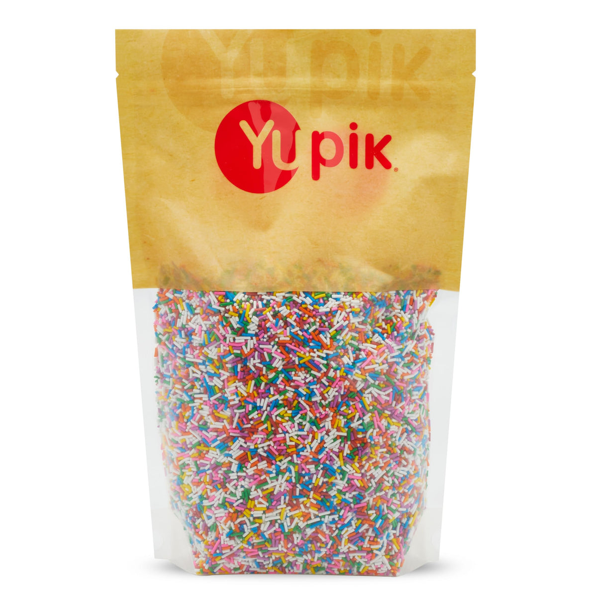 Yupik Rainbow Sprinkles jar close-up showing vibrant colors for decorating desserts.