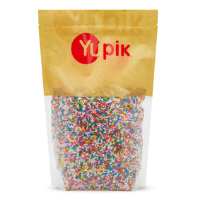 Yupik Rainbow Sprinkles jar close-up showing vibrant colors for decorating desserts.