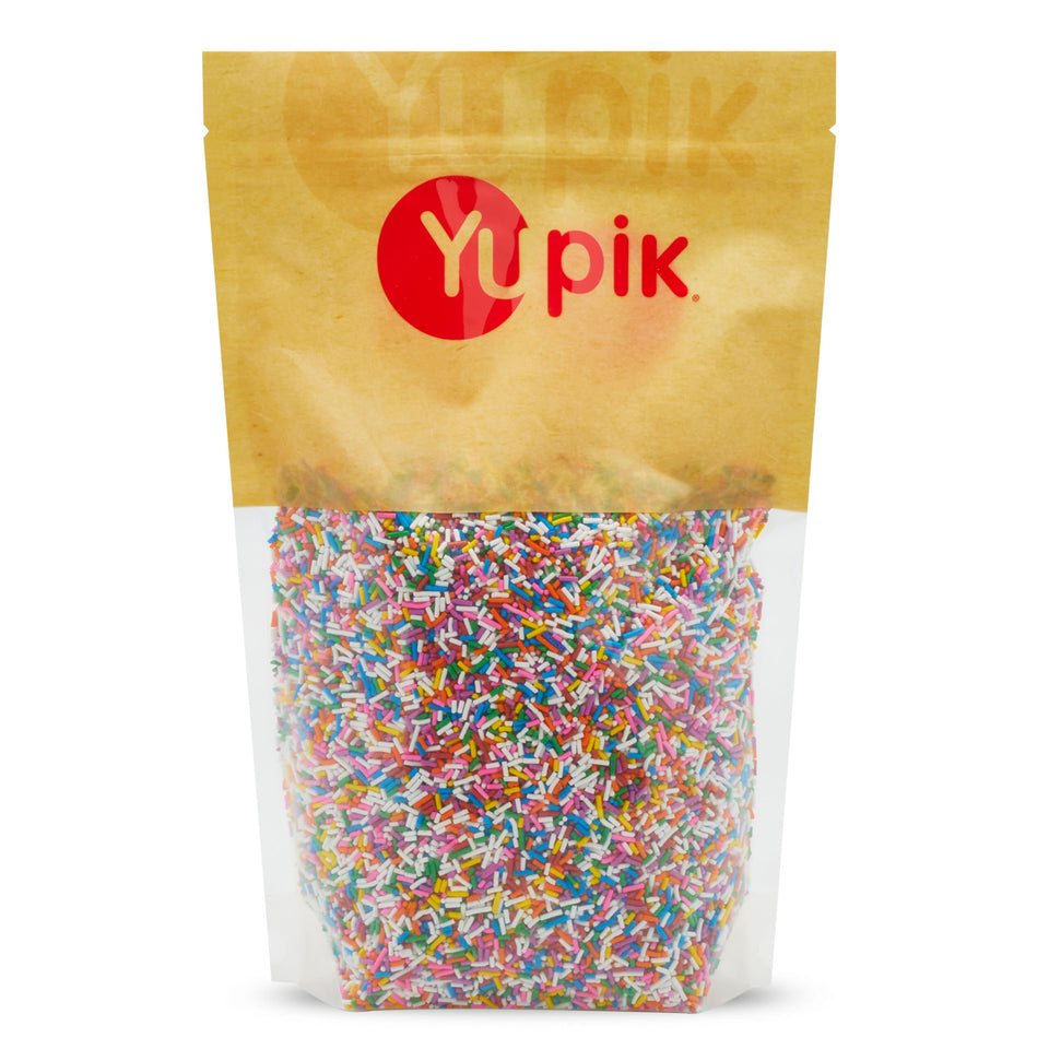 Yupik Rainbow Sprinkles jar close-up showing vibrant colors for decorating desserts.