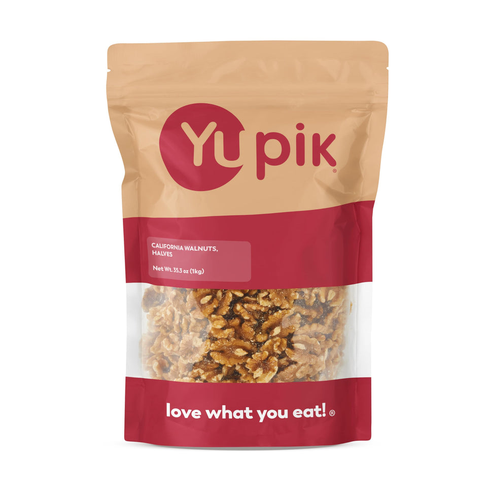 Yupik Raw California Walnuts packaging with halves and pieces, ideal for baking prep
