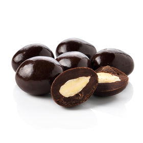 Yupik Sugar-Free Dark Chocolate Almonds close up with glossy chocolate and crunchy almonds