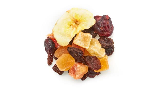 Yupik Trail Mix Fruit Blast close-up of bananas, raisins, cranberries, papaya and pineapple for snacking
