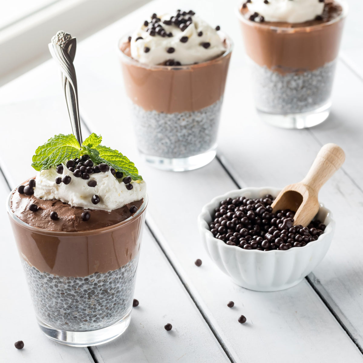 Yupik topping idea for yogurt, oatmeal, or desserts with chocolate-coated chia.