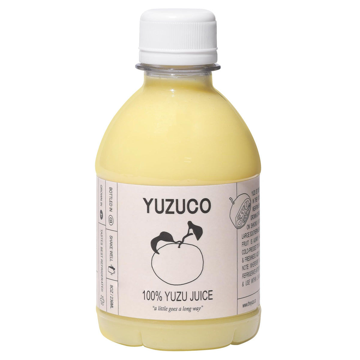 YUZUCO 8oz bottle of pure yuzu juice for vibrant cocktails and dressings.