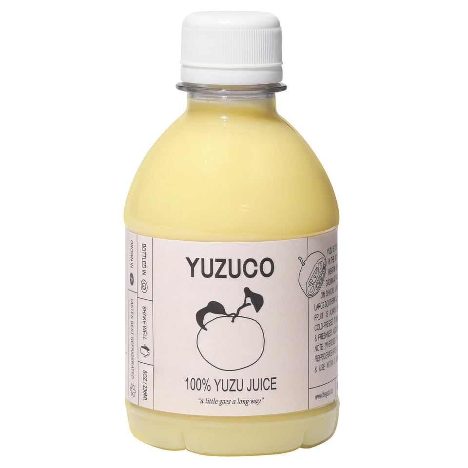 YUZUCO 8oz bottle of pure yuzu juice for vibrant cocktails and dressings.