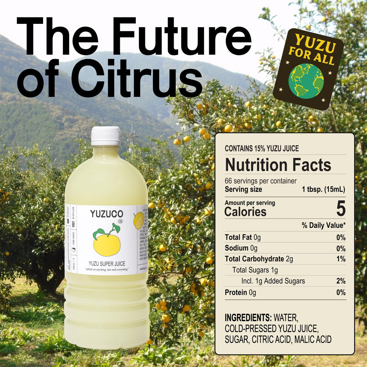 YUZUCO bottle closeup reveals bright yuzu aroma for beverages