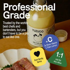 YUZUCO bottle pour highlighting easy-to-use juice for recipes.
