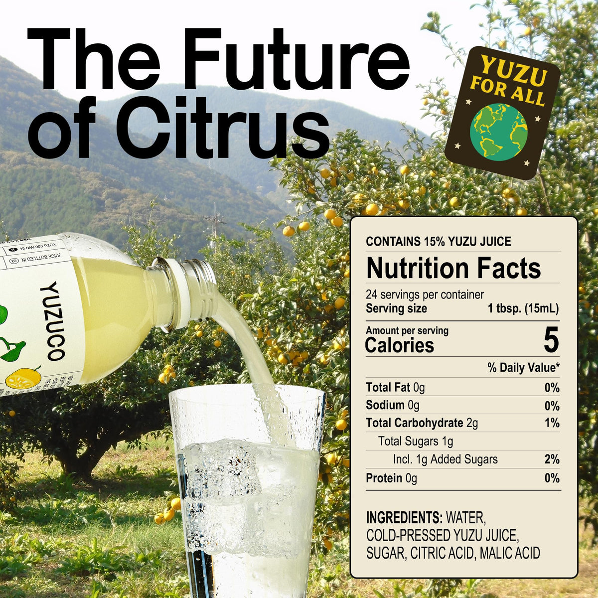 Close-up of YUZUCO Yuzu Super Juice label showing quality sourcing