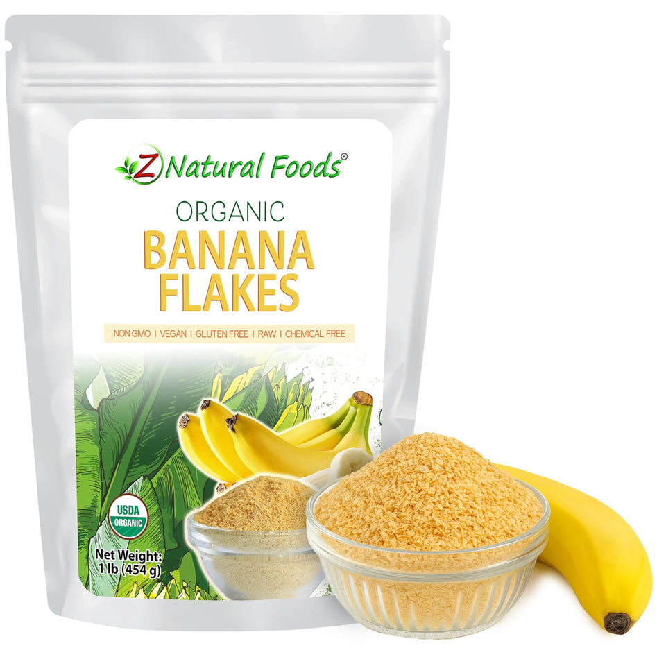 Z Natural Foods Banana Flakes pack shot highlighting natural ingredients for convenient snacking and smoothies.