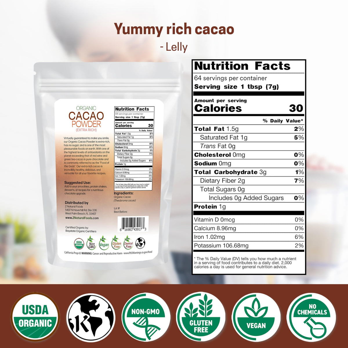 Z Natural Foods cacao powder measuring scoop ready for smoothies.