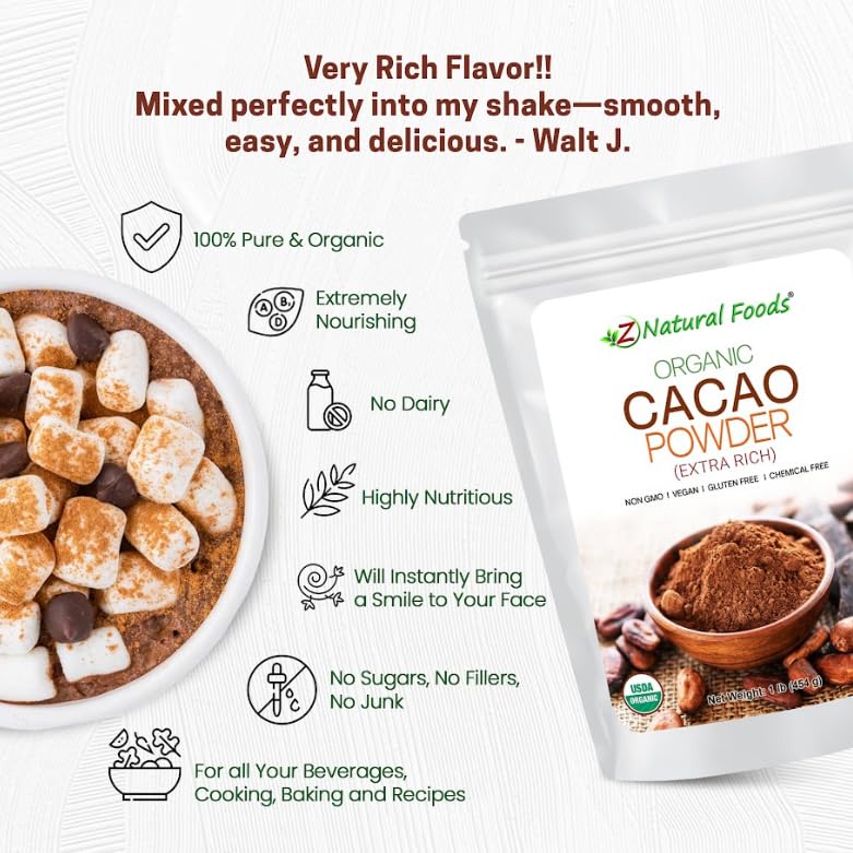 Z Natural Foods cacao powder in a dessert dish, rich color.