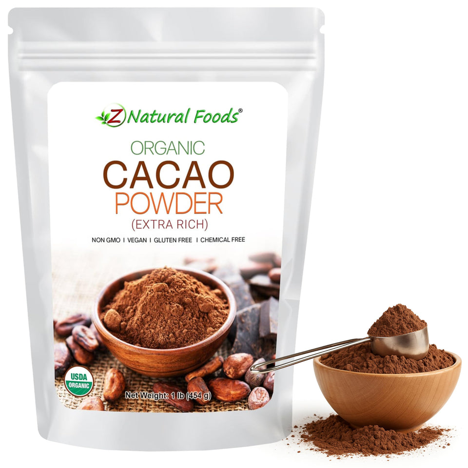 Z Natural Foods cacao powder jar close-up for rich baking flavor.