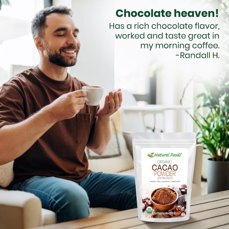 Z Natural Foods Cacao Powder nutrition label highlights minerals and cocoa flavor.