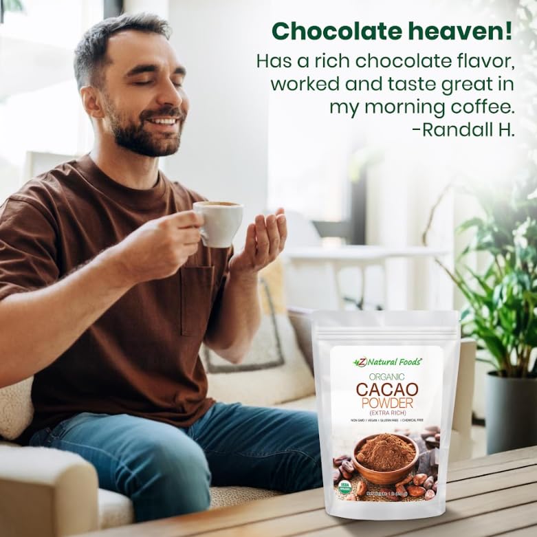 Z Natural Foods cacao powder jar open, aroma and texture showcased.