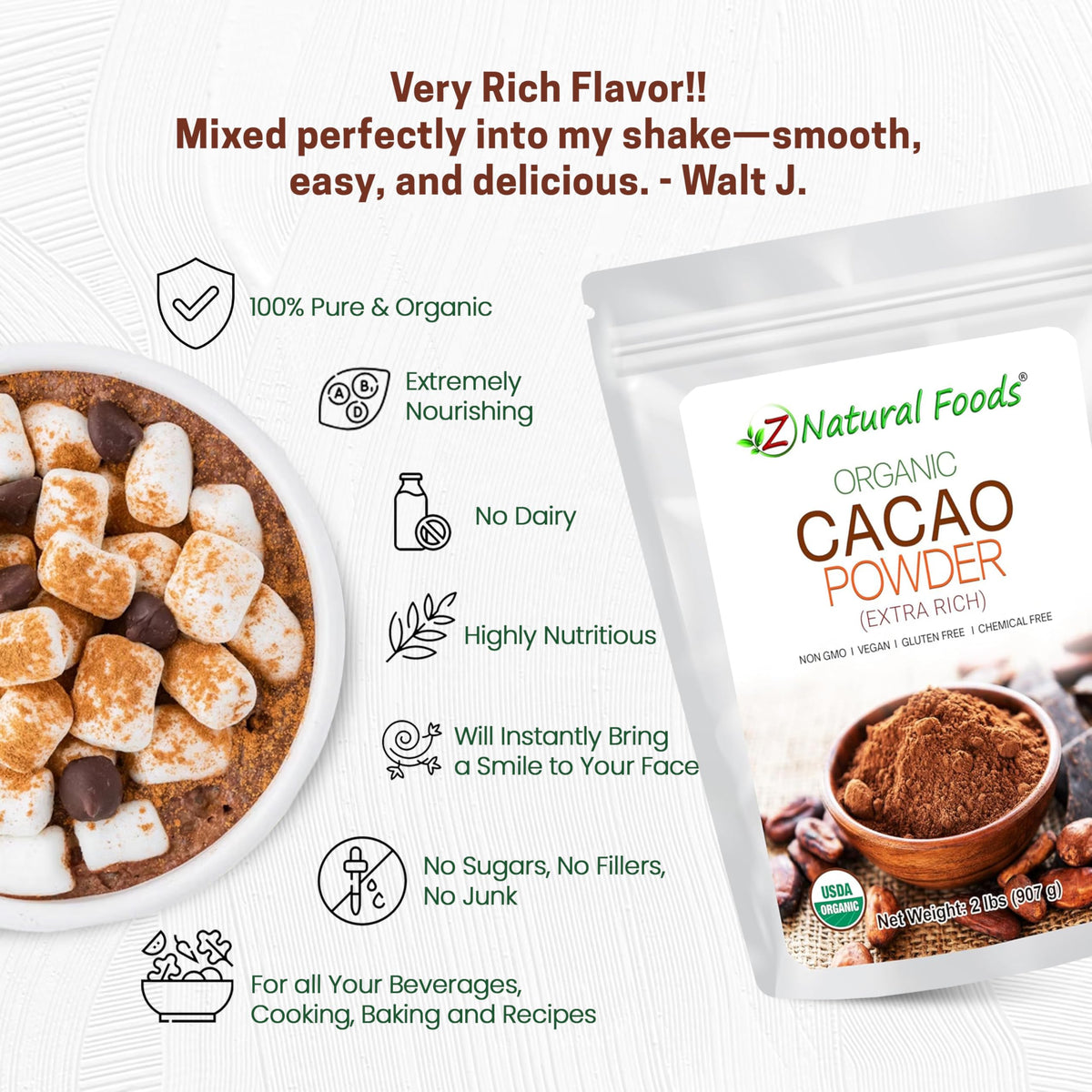 Z Natural Foods Cacao Powder poured into a shake for depth of flavor.