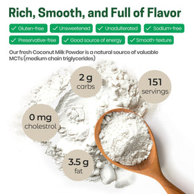 Z Natural Foods coconut milk powder bag and scoop illustrate gluten-free vegan ingredient.