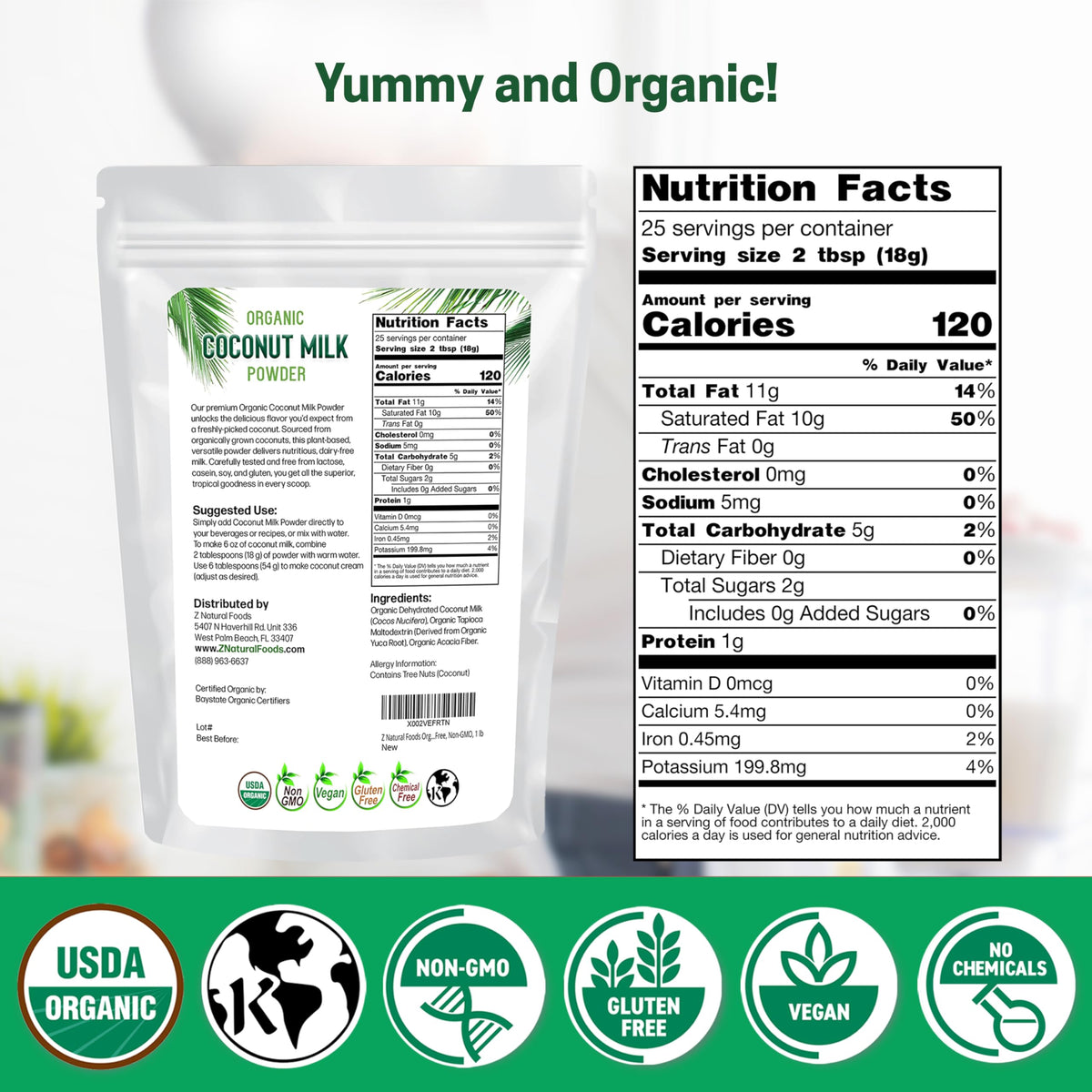 Z Natural Foods Coconut Milk Powder jar close-up emphasizing organic non-GMO ingredients