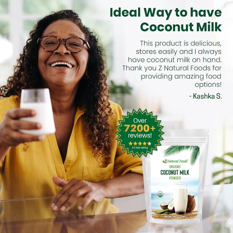 Z Natural Foods coconut milk powder on kitchen counter, ready to mix