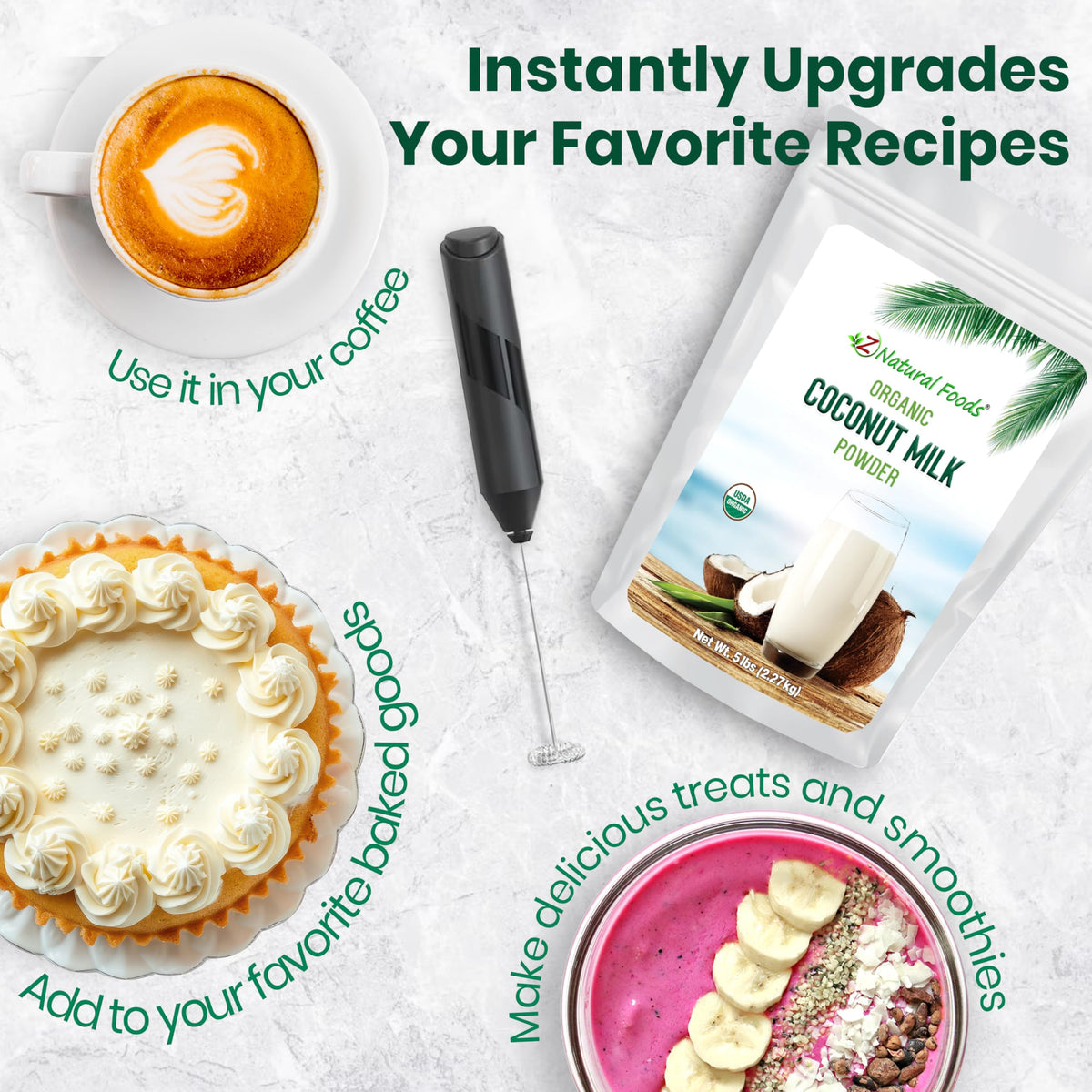 Z Natural Foods coconut milk powder cup with latte foam, coconut crema