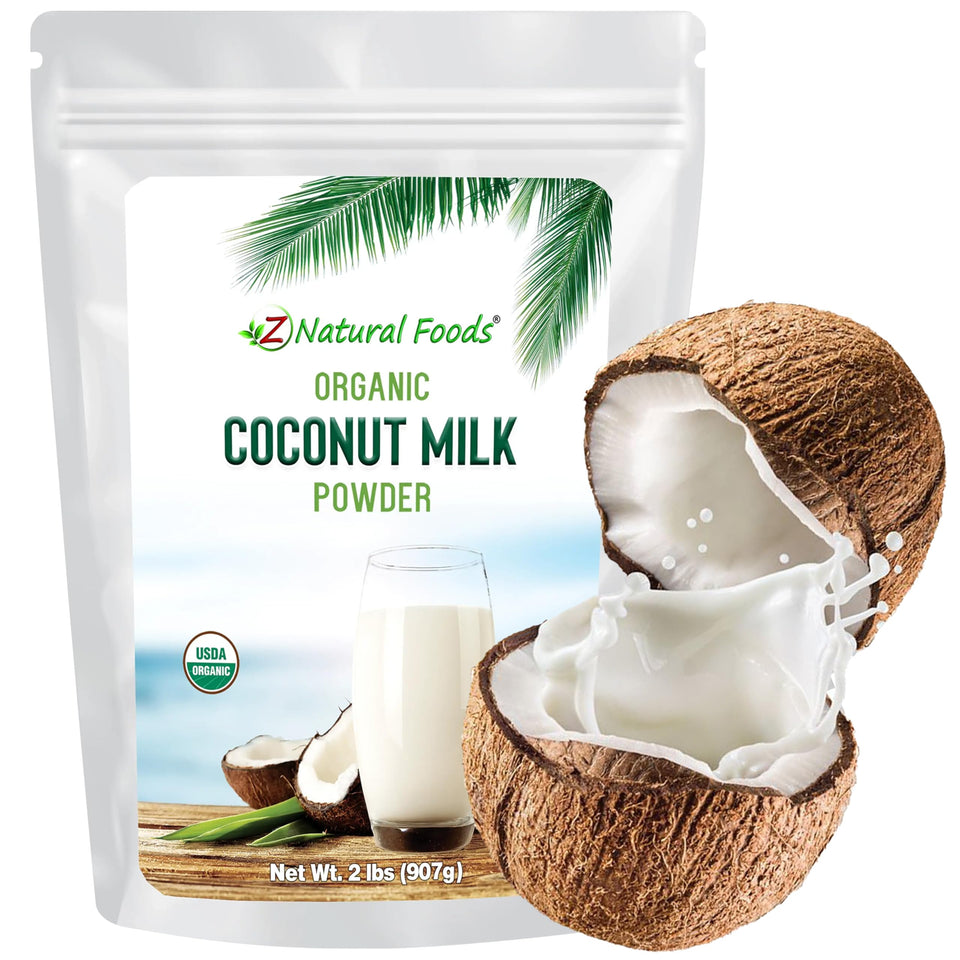 Z Natural Foods coconut milk powder pack close-up highlighting organic, dairy-free ingredients.