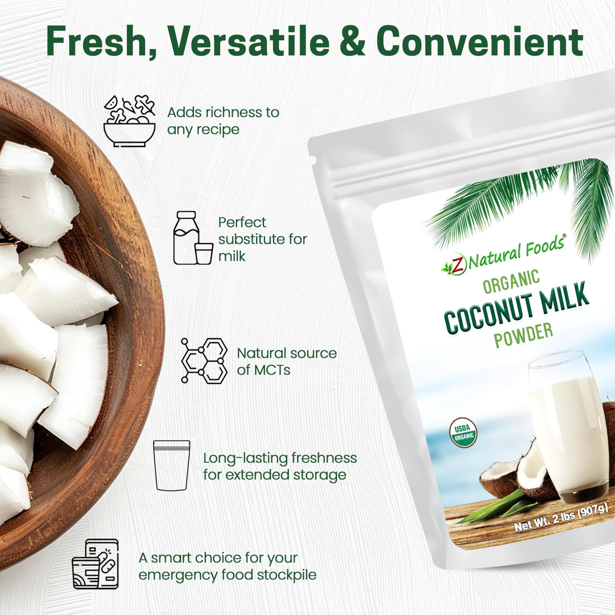 Z Natural Foods coconut milk powder pouring into a cup shows quick beverage prep.
