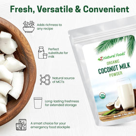 Z Natural Foods coconut milk powder pouring into a cup shows quick beverage prep.