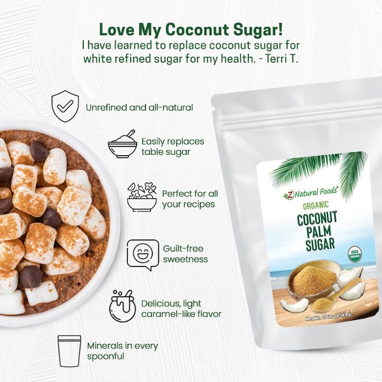 Z Natural Foods coconut sugar in a baking dish, perfect for desserts.