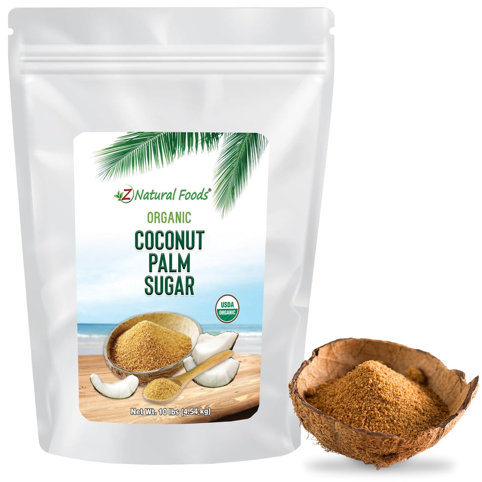 Z Natural Foods coconut sugar granules close-up, a natural sweetener for everyday baking.