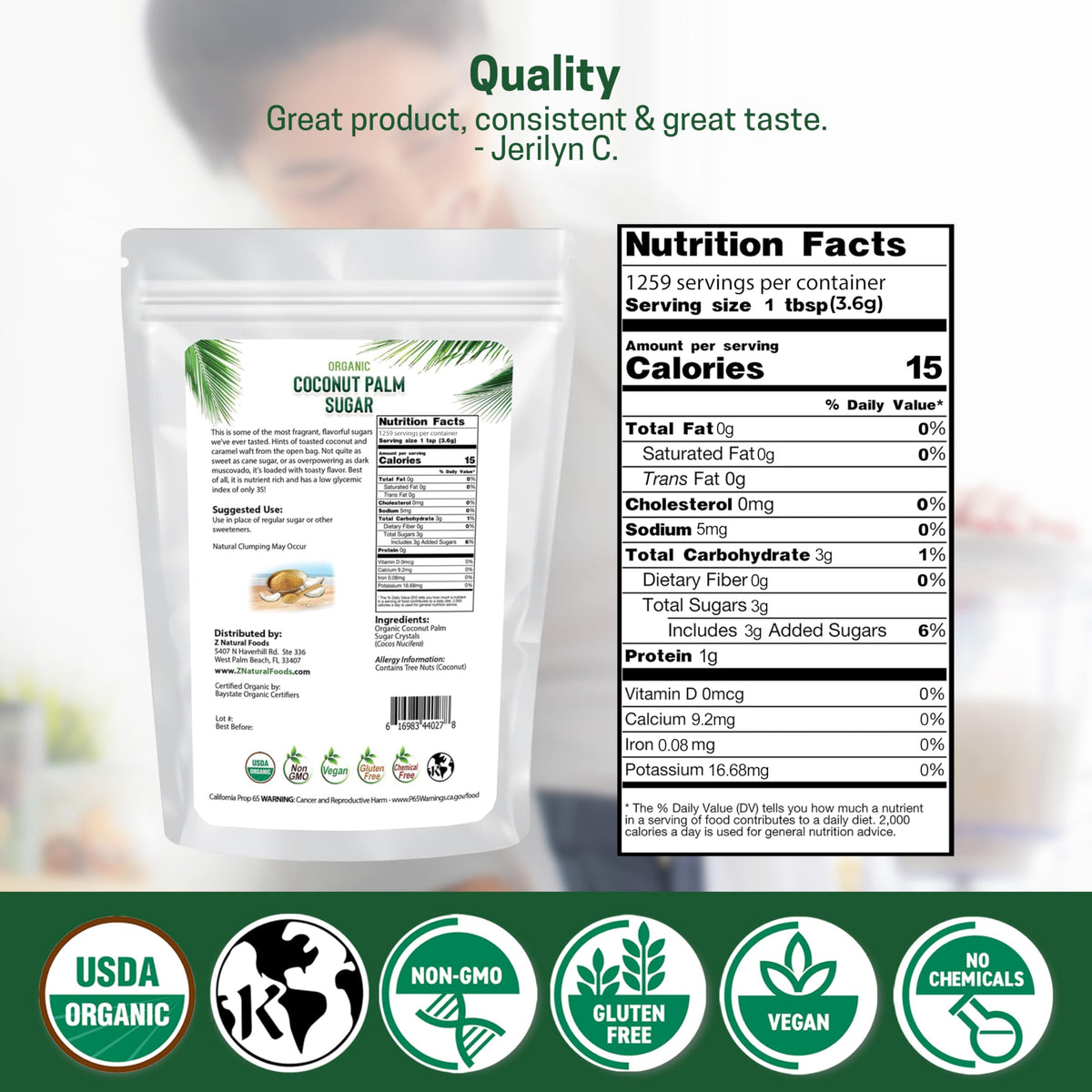 Z Natural Foods coconut sugar packaging, highlighting non-GMO and vegan lifestyle.