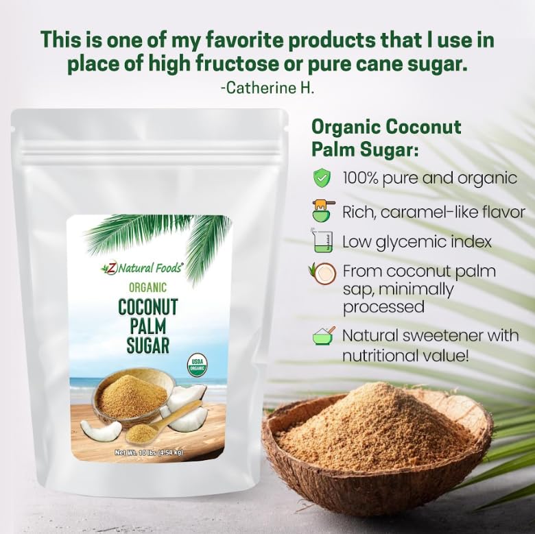Z Natural Foods coconut sugar on a teaspoon, ideal for enhancing tea flavors.
