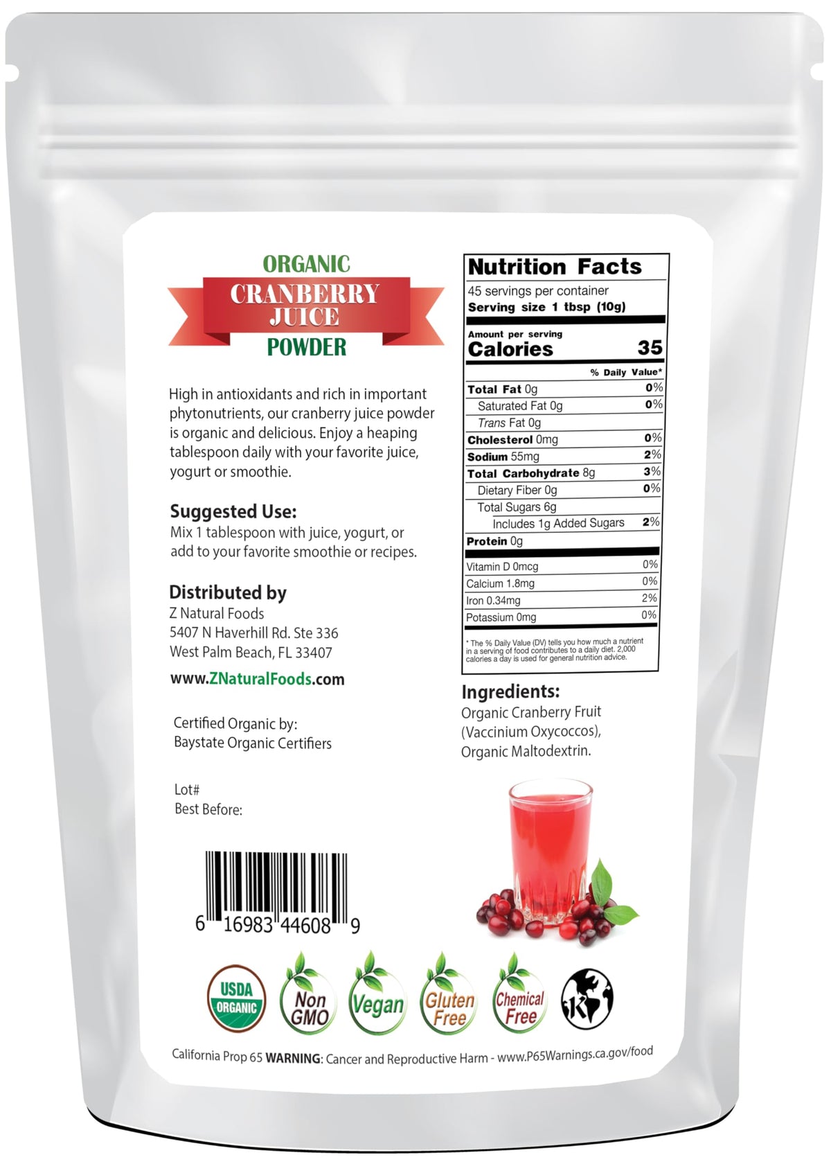 Z Natural Foods Cranberry Powder scoop beside a glass of juice