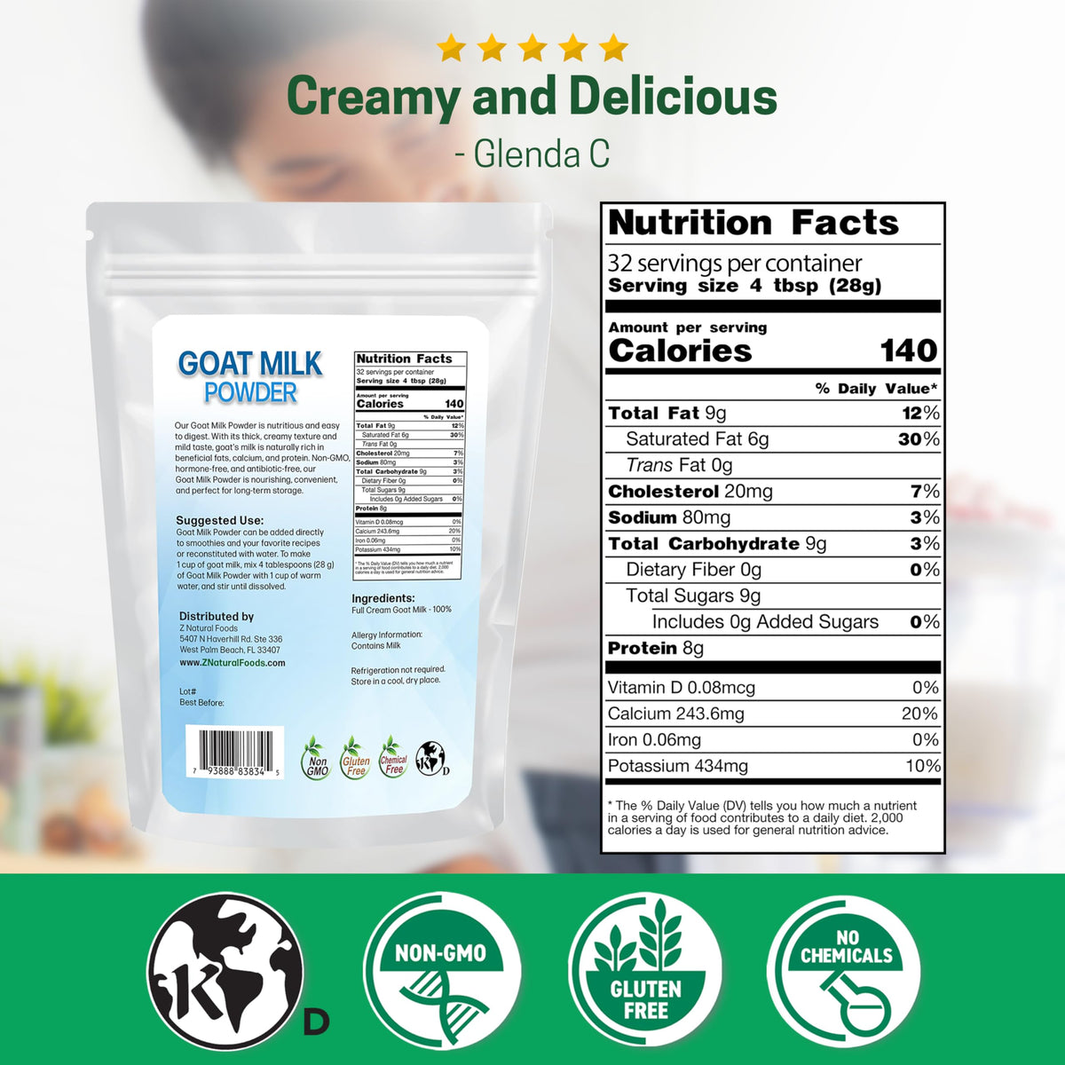 Z Natural Foods Goat Milk Powder 5lb bulk pouch ready for pantry storage