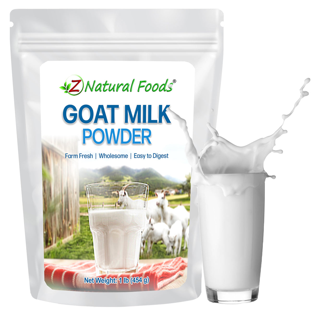 Z Natural Foods Goat Milk Powder bottle shows full-cream nutrition for smoothies.