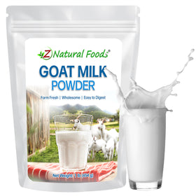 Z Natural Foods Goat Milk Powder bottle shows full-cream nutrition for smoothies.