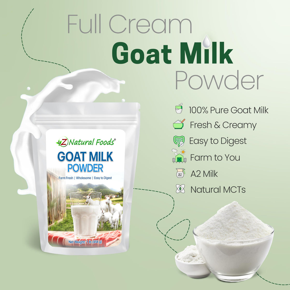 Dispensing jar ensures quick, mess-free mixing of Z Natural Foods Goat Milk Powder.